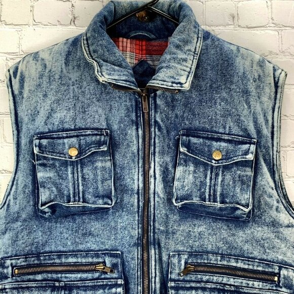Vintage Denim Jean Vest S Stonewashed Zip In Crowd Celebration Flannel Lined - Picture 3 of 6